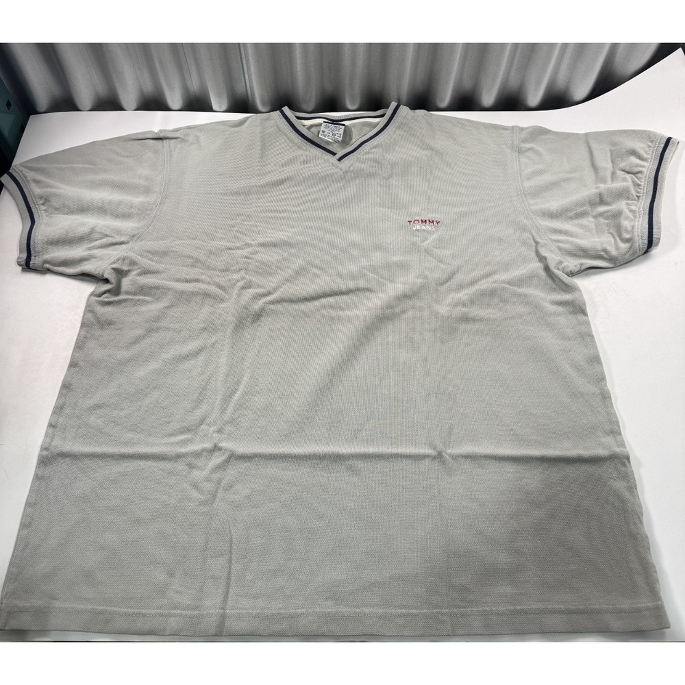 VTG 90s Polo Tommy Hilfiger Jeans Mens V-Neck T-Shirt Gray Logo Size XL